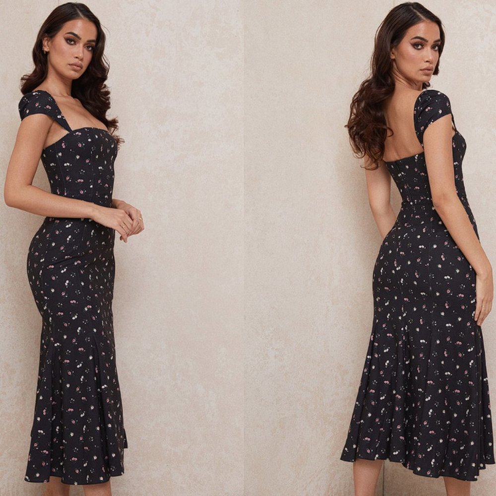 HOUSE OF CB 'Jaqueta' Black Floral Midi Dress NWOT - Picture 5 of 5